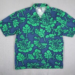 Quiksilver Mens Floral Button Down Shirt Navy Blue Green Tropical Medium Y2K